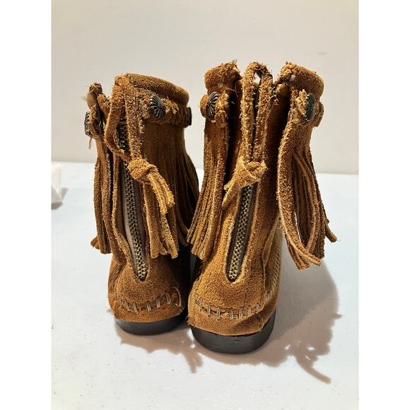 Minnetonka Brown Suede Fringe Back Zip Ankle Bootie Moccasin Shoes Size 7 - Picture 3 of 10